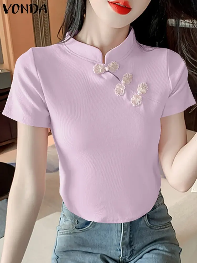 VONDA Chinese Style Women Blouse Short Sleeve Solid Tops 2025 Summer Korean Shirts Tunic Half High Collar Elegant Casual Blusas