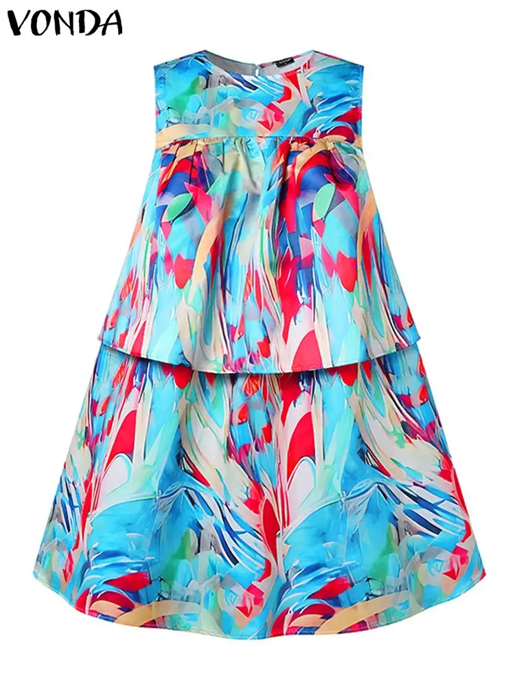 VONDA 2025 Summer Vestidos Women Beach Style Printed Mini Dress Casual Sleeveless Ruffled Short Sundress Elegant Robe Oversized