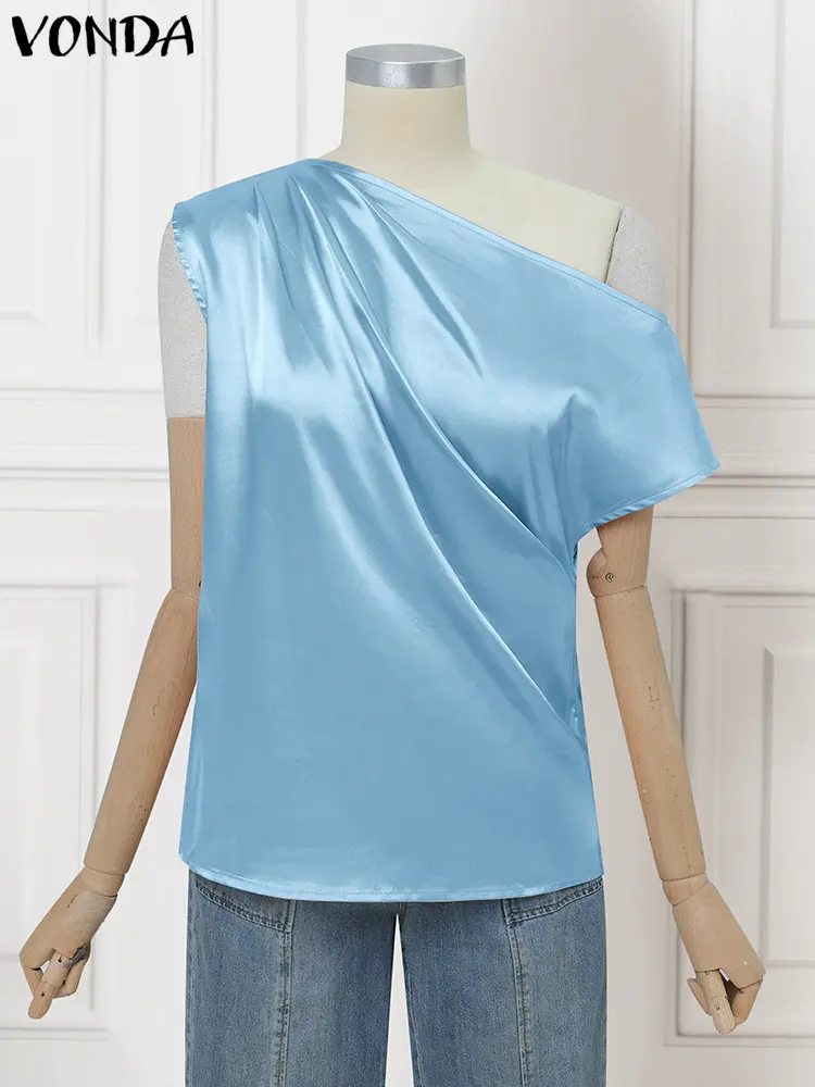 VONDA Elegant Office Lady Blouse Women Satin Silk Shirts 2025 Summer Off Shoulder Solid Tunic Tops Short Sleeve Pleated Blusas