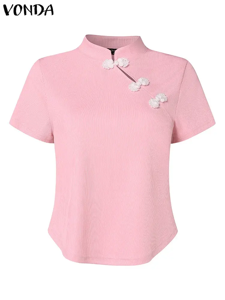 VONDA Chinese Style Women Blouse Short Sleeve Solid Tops 2025 Summer Korean Shirts Tunic Half High Collar Elegant Casual Blusas