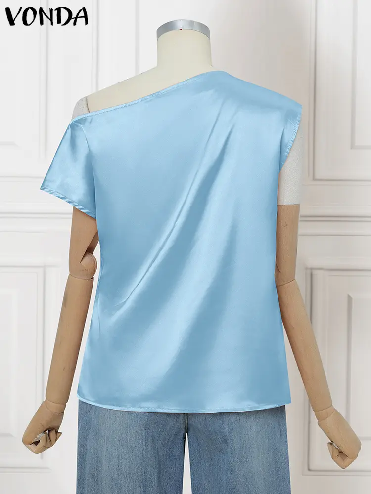 VONDA Elegant Office Lady Blouse Women Satin Silk Shirts 2025 Summer Off Shoulder Solid Tunic Tops Short Sleeve Pleated Blusas