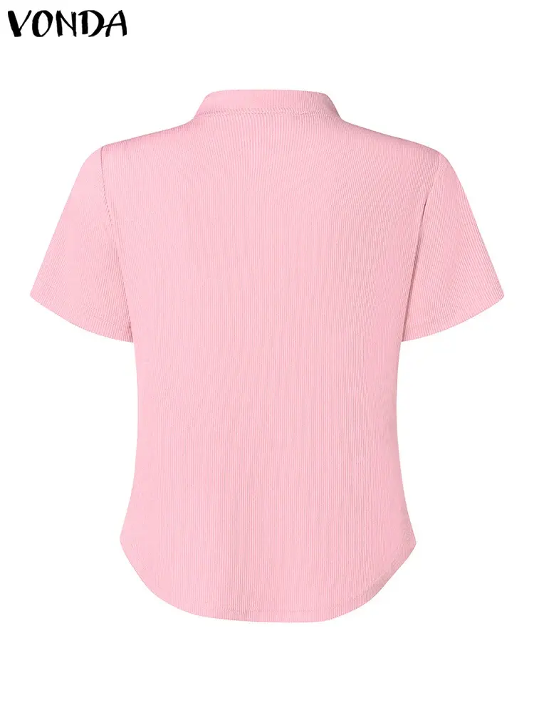 VONDA Chinese Style Women Blouse Short Sleeve Solid Tops 2025 Summer Korean Shirts Tunic Half High Collar Elegant Casual Blusas