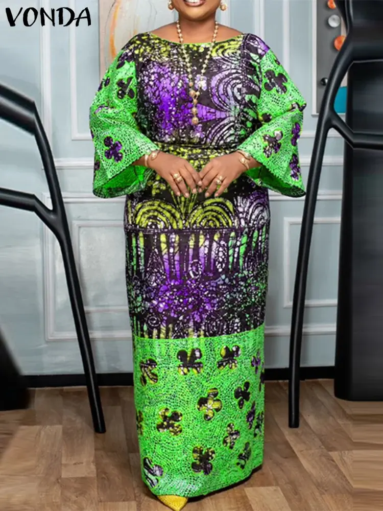 VONDA 2025 Bohemian Women Long Maxi Dress Vintage Printed Vestidos Crew neck Flare Sleeve Party Vestidos Casual Loose Sundress