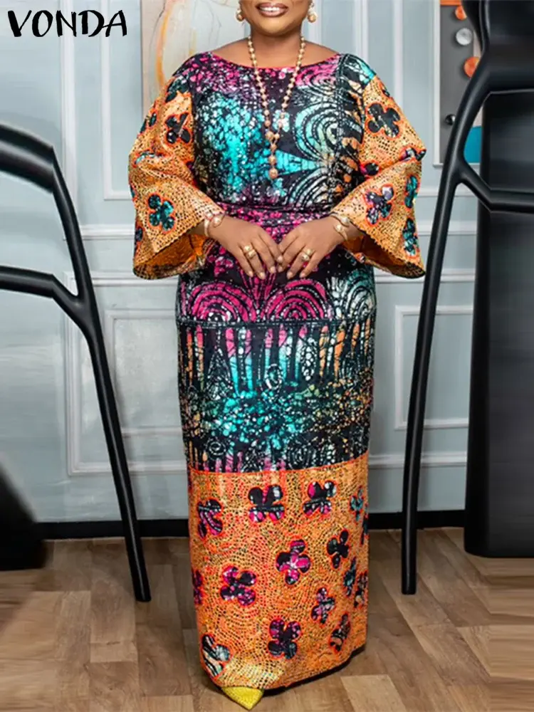 VONDA 2025 Bohemian Women Long Maxi Dress Vintage Printed Vestidos Crew neck Flare Sleeve Party Vestidos Casual Loose Sundress