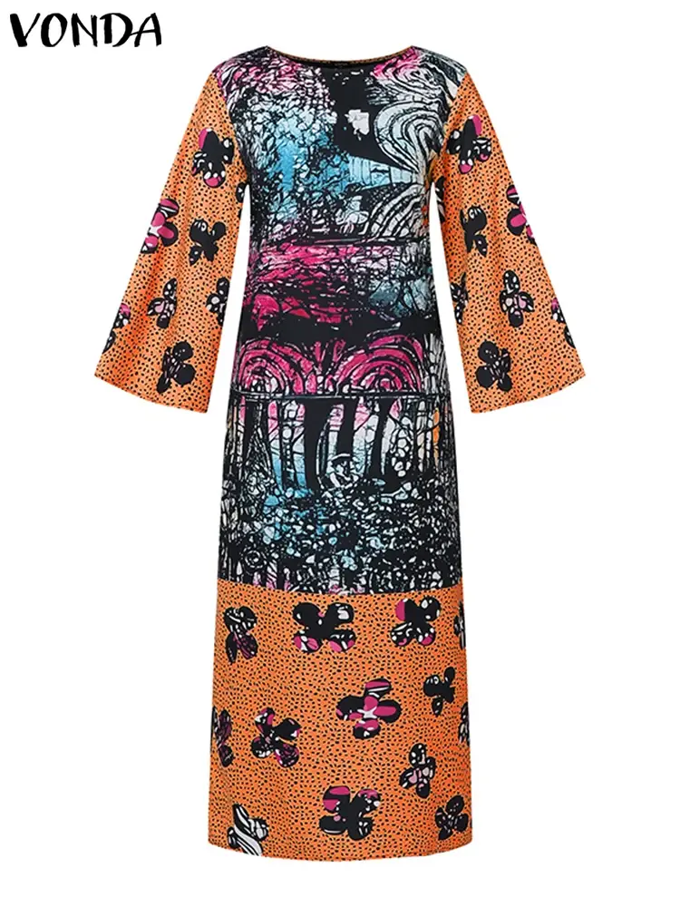 VONDA 2025 Bohemian Women Long Maxi Dress Vintage Printed Vestidos Crew neck Flare Sleeve Party Vestidos Casual Loose Sundress