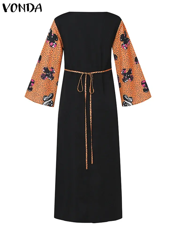VONDA 2025 Bohemian Women Long Maxi Dress Vintage Printed Vestidos Crew neck Flare Sleeve Party Vestidos Casual Loose Sundress