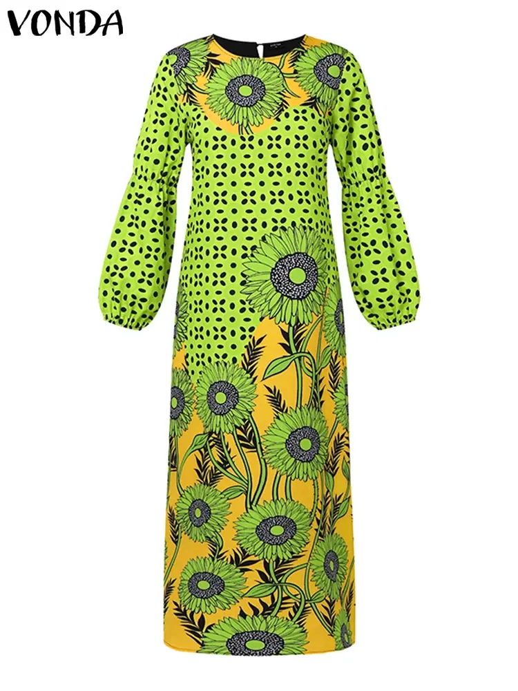 VONDA Women Bohemian Maxi Dress 2025 Summer Long Ruffle Sleeve Oversized Printed Sundress Robe O-Neck Casual Loose Party Vestido