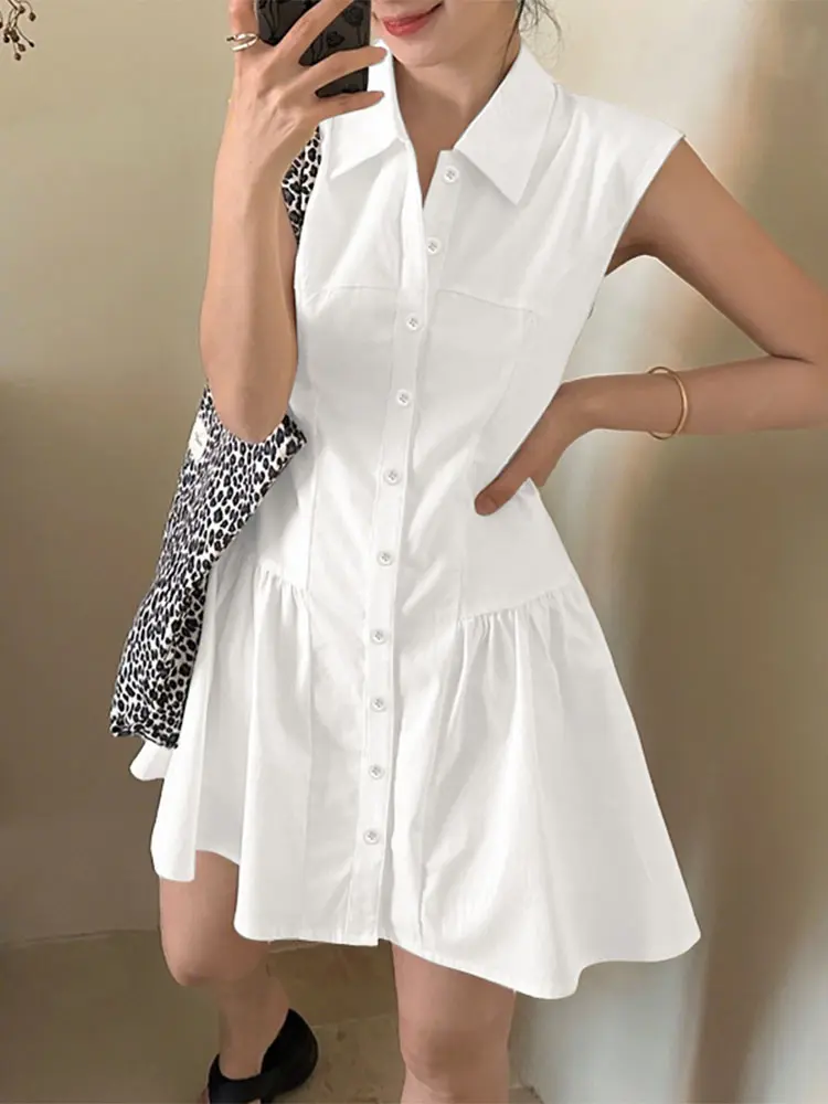 VONDA Summer Tank Dress Women Fashion Casual Sleeveless Solid Mini Sundress 2025 Elegant Lapel Loose Buttons Ruffled Vestidos