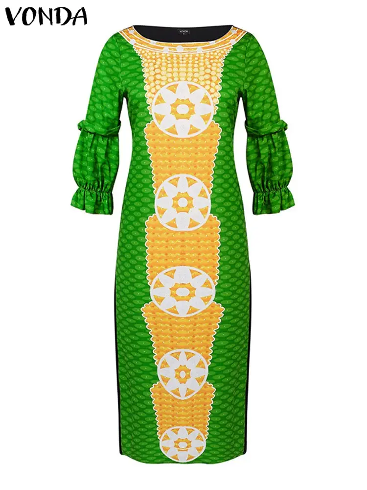 VONDA Women Vintage Maxi Dress 2025 Summer Party Floral Printed Vestidos Loose Bohemian Round Neck Puff Sleeve Casual Robe Femme