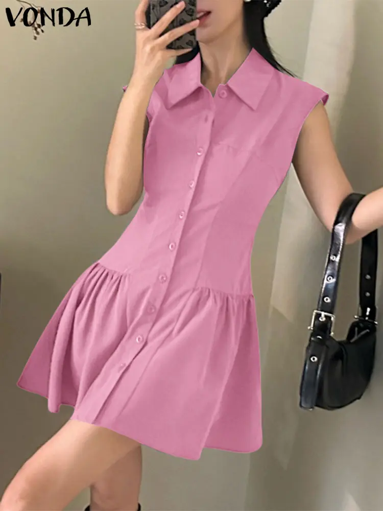 VONDA Summer Tank Dress Women Fashion Casual Sleeveless Solid Mini Sundress 2025 Elegant Lapel Loose Buttons Ruffled Vestidos