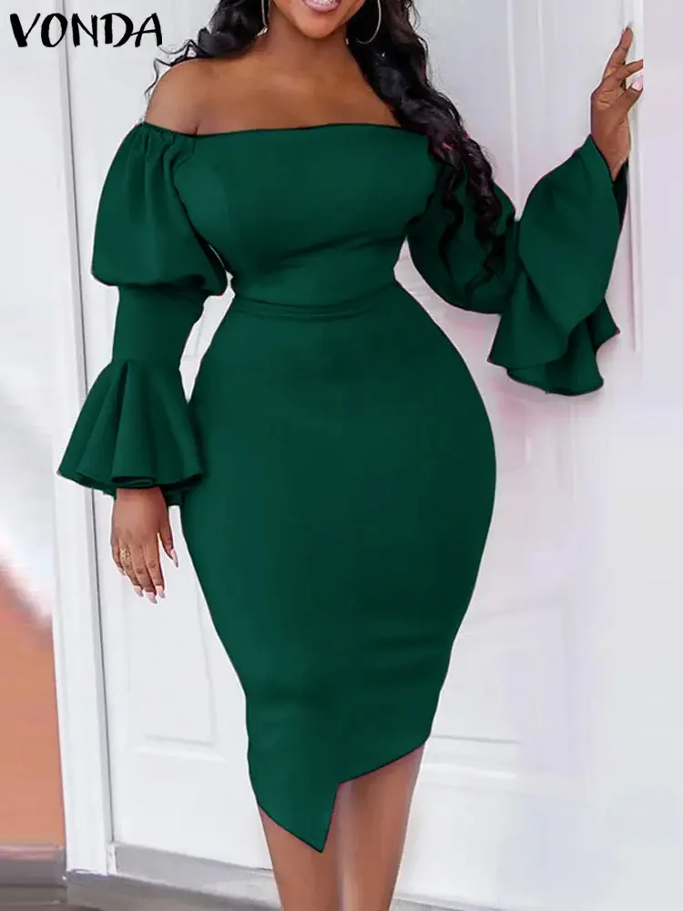 VONDA Women Sexy Off Sholuder Dress 2025 Summer Casual Ruffle Sleeve Knee-length Office Sundress Robe Simple Elegant Vestido