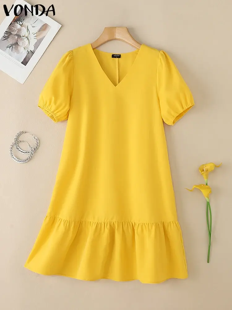 ZANZEA 2025 Summer Vestidos Women Casual Mini Dress V Neck Solid Color Short Sundress Bohemian Puff Sleeve Loose Robe Oversized