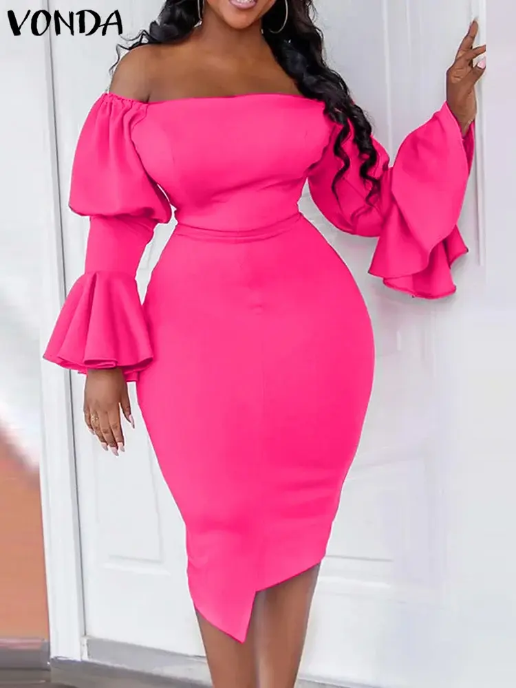 VONDA Women Sexy Off Sholuder Dress 2025 Summer Casual Ruffle Sleeve Knee-length Office Sundress Robe Simple Elegant Vestido