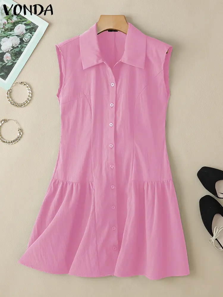 VONDA Summer Tank Dress Women Fashion Casual Sleeveless Solid Mini Sundress 2025 Elegant Lapel Loose Buttons Ruffled Vestidos