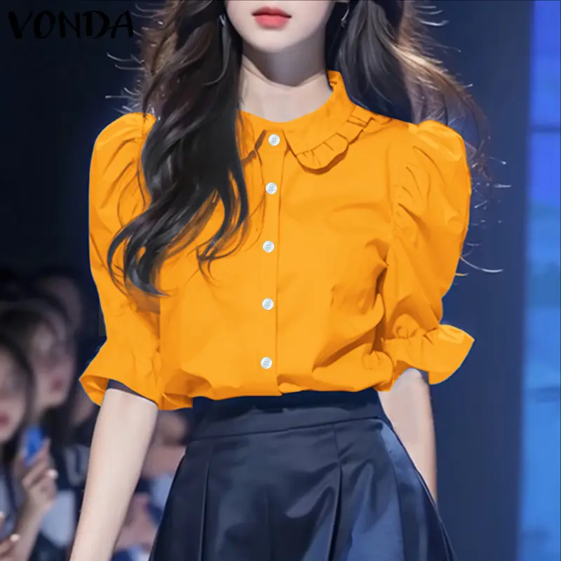 VONDA Women Shirts Fashion Short Sleeve Tunic Tops 2025 Summer Turn-down Collar Puff Sleeve Blouse Elegant Office Lady Blusas