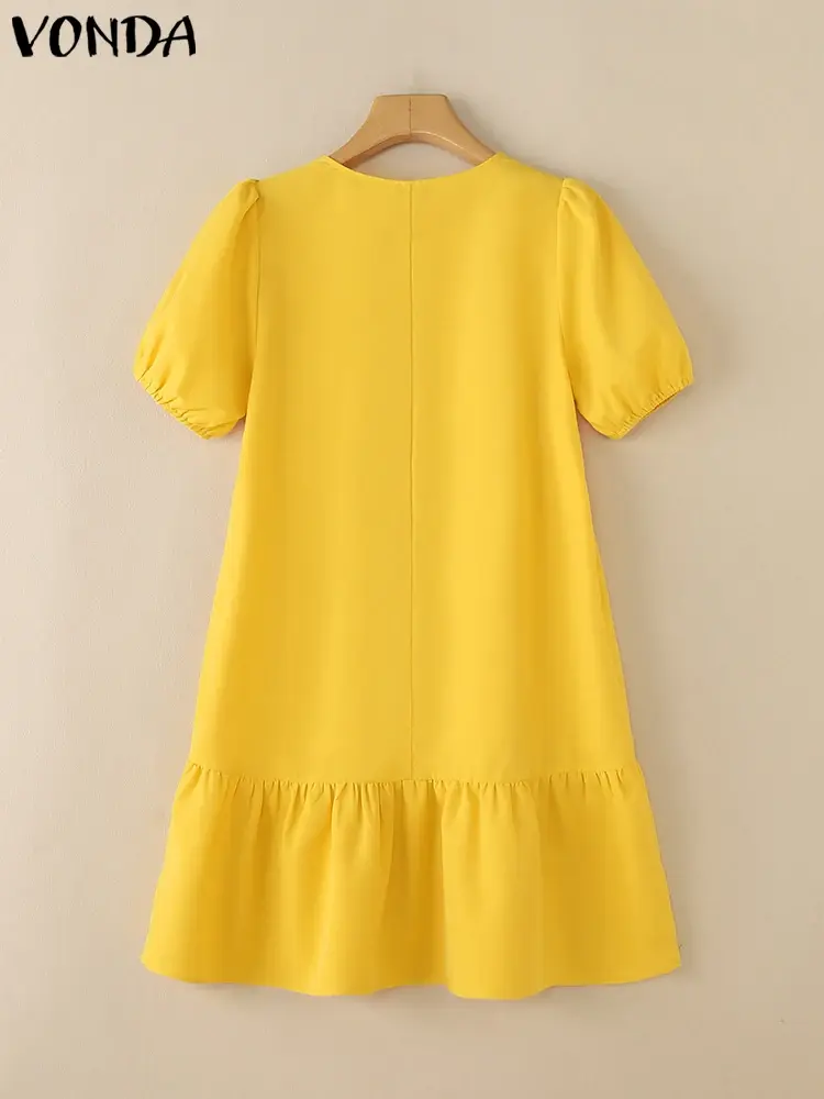 ZANZEA 2025 Summer Vestidos Women Casual Mini Dress V Neck Solid Color Short Sundress Bohemian Puff Sleeve Loose Robe Oversized