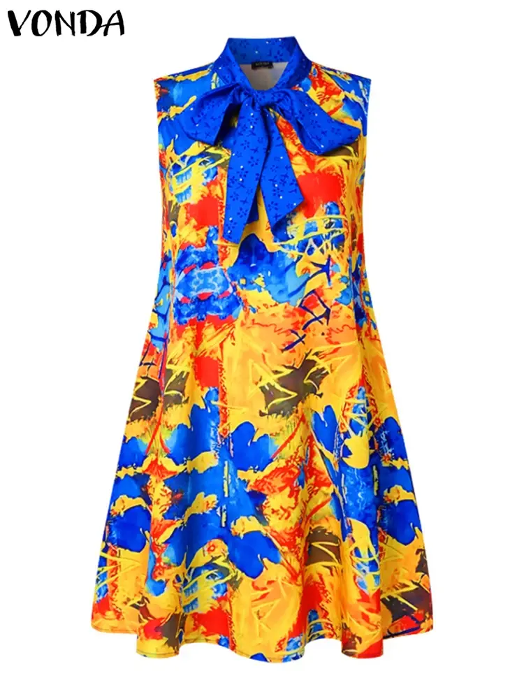 Plus Size 5XL VONDA Women Mini Dress 2025 Summer Sundress Bohemian Printed Elegant Bow Tie Neck Casual Sleeveless Beach Vestido