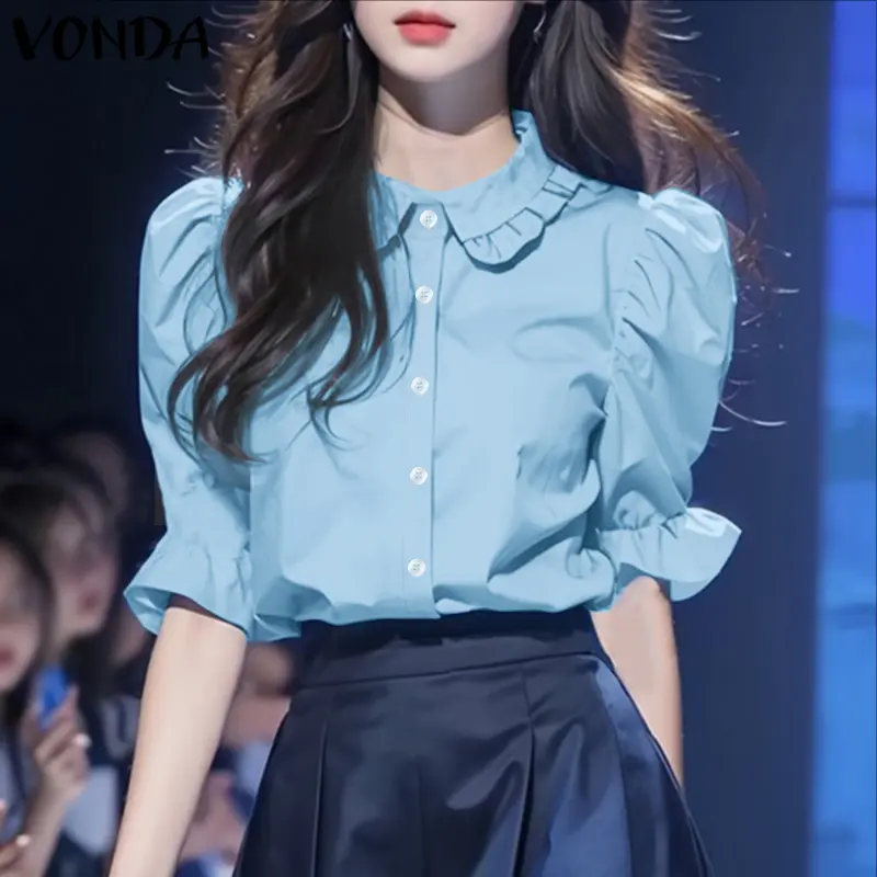 VONDA Women Shirts Fashion Short Sleeve Tunic Tops 2025 Summer Turn-down Collar Puff Sleeve Blouse Elegant Office Lady Blusas