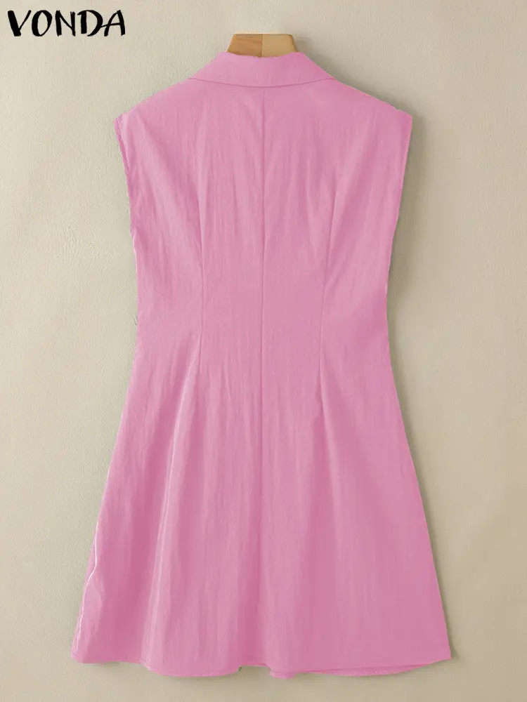 VONDA Summer Tank Dress Women Fashion Casual Sleeveless Solid Mini Sundress 2025 Elegant Lapel Loose Buttons Ruffled Vestidos