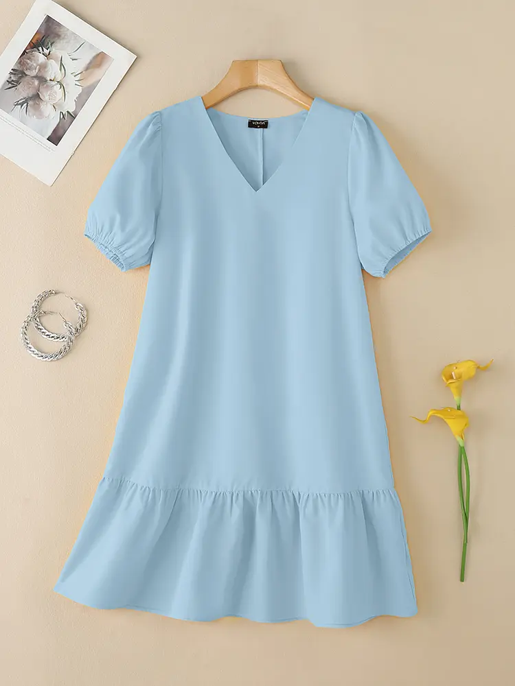 ZANZEA 2025 Summer Vestidos Women Casual Mini Dress V Neck Solid Color Short Sundress Bohemian Puff Sleeve Loose Robe Oversized