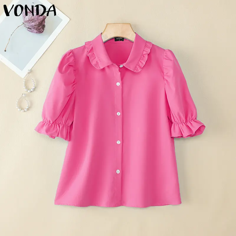VONDA Women Shirts Fashion Short Sleeve Tunic Tops 2025 Summer Turn-down Collar Puff Sleeve Blouse Elegant Office Lady Blusas