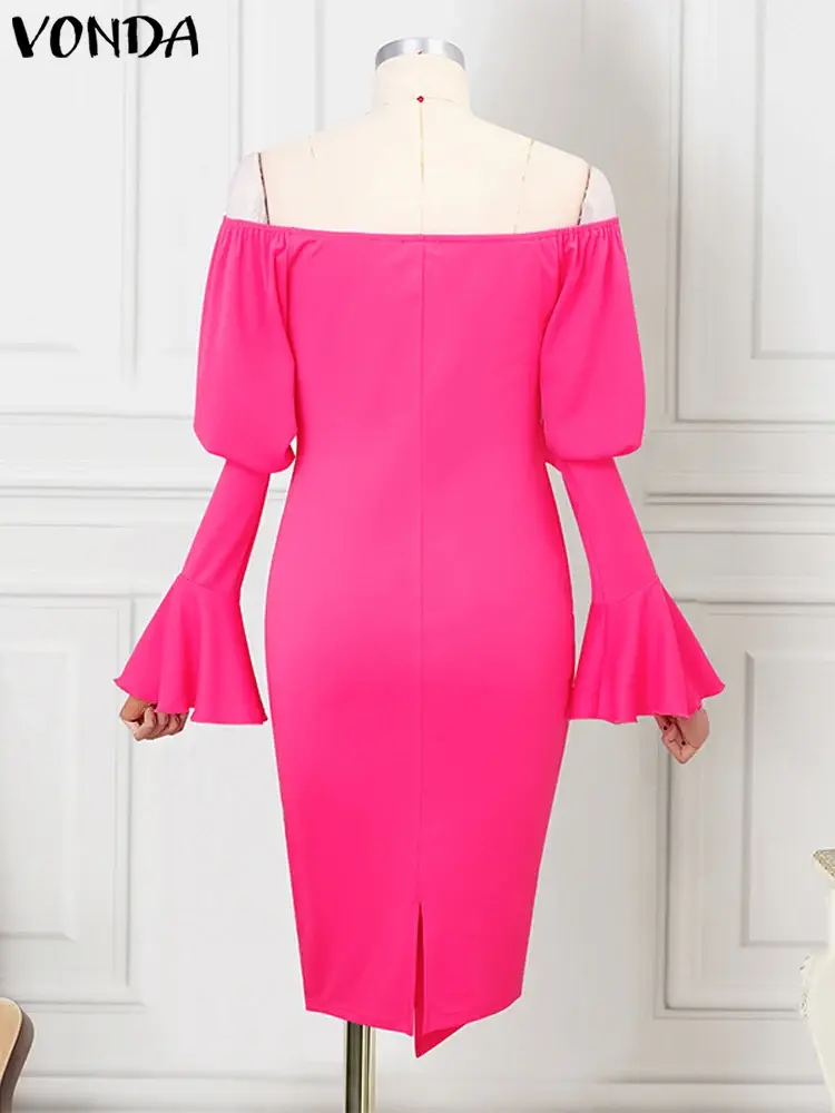 VONDA Women Sexy Off Sholuder Dress 2025 Summer Casual Ruffle Sleeve Knee-length Office Sundress Robe Simple Elegant Vestido