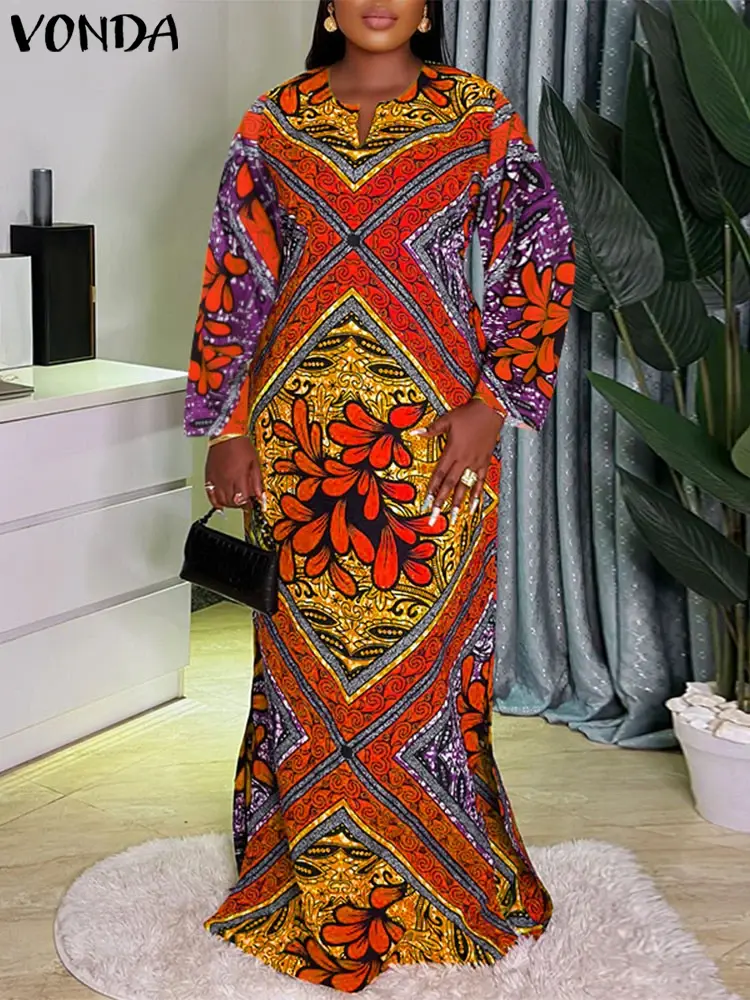VONDA 2025 Women Vintage Maxi Dress Bohemian Sundress Printed Party Vestidos Casual Loose Robe V Neck Sundress Oversized