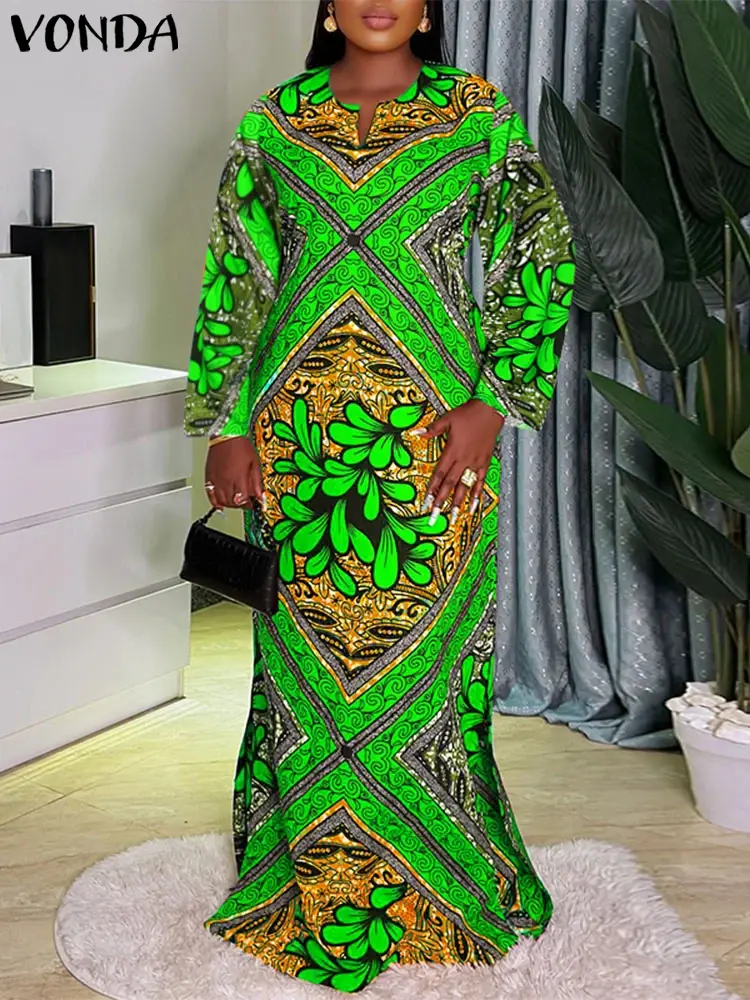 VONDA 2025 Women Vintage Maxi Dress Bohemian Sundress Printed Party Vestidos Casual Loose Robe V Neck Sundress Oversized