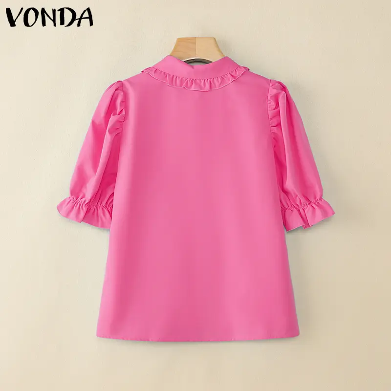 VONDA Women Shirts Fashion Short Sleeve Tunic Tops 2025 Summer Turn-down Collar Puff Sleeve Blouse Elegant Office Lady Blusas