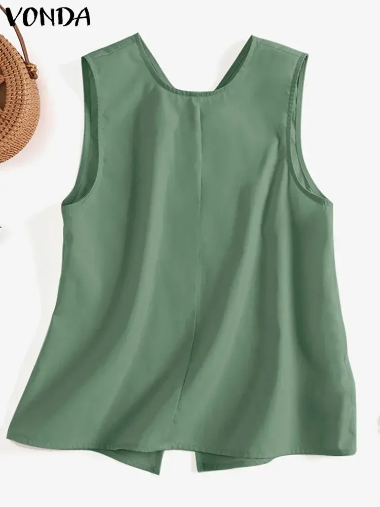 VONDA 2025 Summer Sleeveless Shirts Fashion Women Both Side Tank Tops Buttons Casual Loose Top Vintage Blouse Solid Tees Blusas
