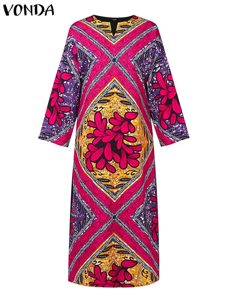 VONDA 2025 Women Vintage Maxi Dress Bohemian Sundress Printed Party Vestidos Casual Loose Robe V Neck Sundress Oversized