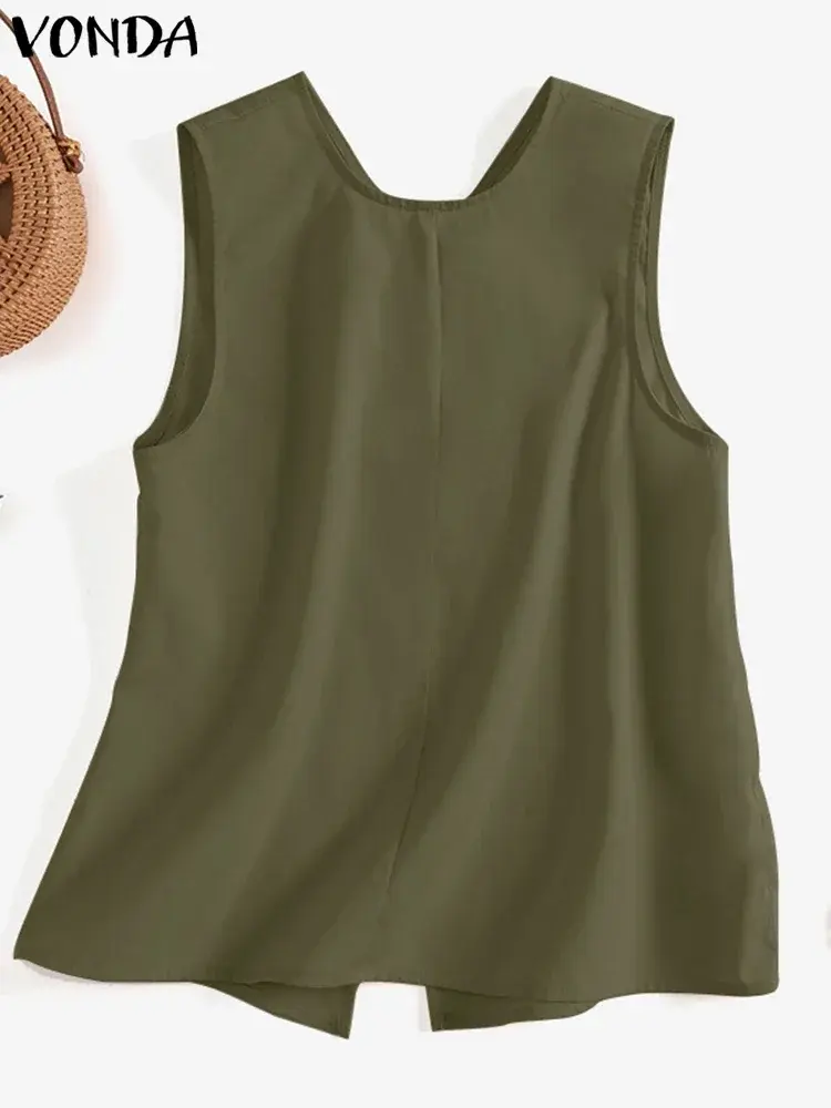 VONDA 2025 Summer Sleeveless Shirts Fashion Women Both Side Tank Tops Buttons Casual Loose Top Vintage Blouse Solid Tees Blusas