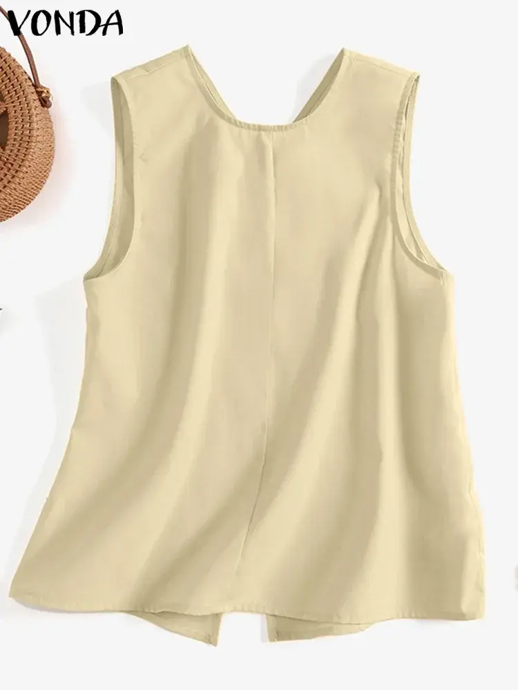VONDA 2025 Summer Sleeveless Shirts Fashion Women Both Side Tank Tops Buttons Casual Loose Top Vintage Blouse Solid Tees Blusas