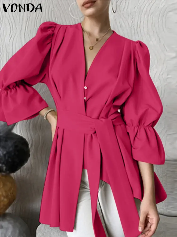 VONDA 2025 Summer Fashion Women Shirts Casual Solid Blouse Elegant V-Neck Office Tops Belted Flare Sleeve Pleated Ruffles Blusas