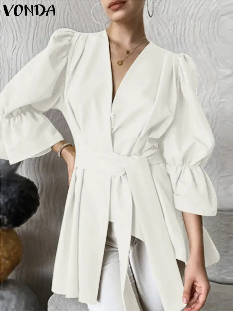 VONDA 2025 Summer Fashion Women Shirts Casual Solid Blouse Elegant V-Neck Office Tops Belted Flare Sleeve Pleated Ruffles Blusas