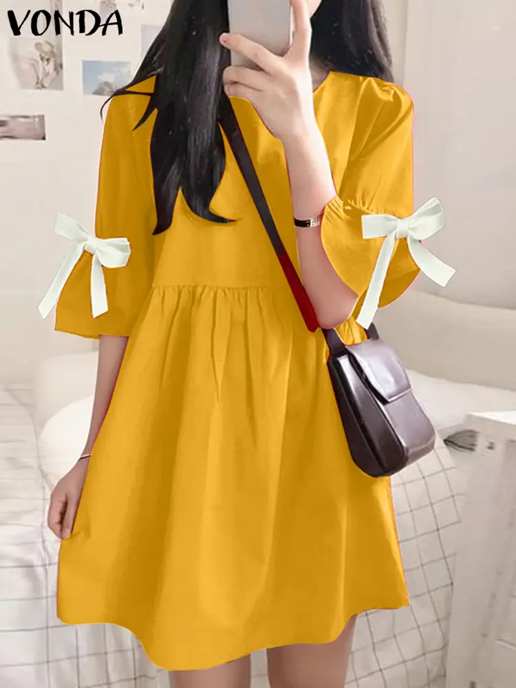 VONDA Summer Sundress 2025 Fashion Women Short Sleeve Bow Ruffled Mini Dress Casual Solid Color Vestidos Loose Beach Robe Femme