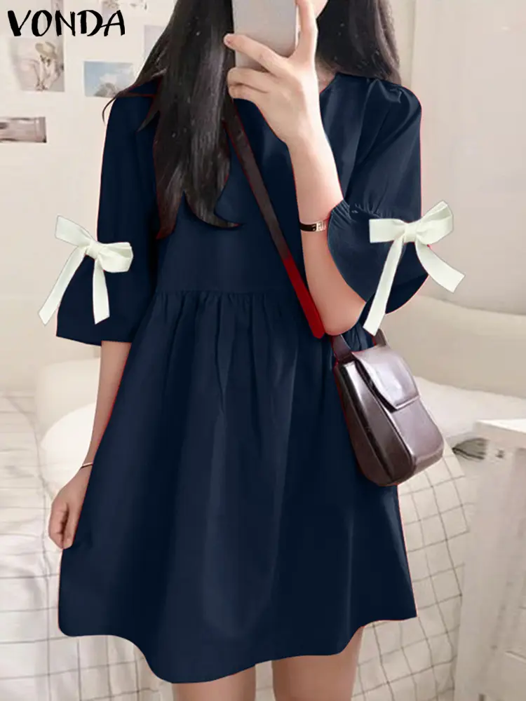 VONDA Summer Sundress 2025 Fashion Women Short Sleeve Bow Ruffled Mini Dress Casual Solid Color Vestidos Loose Beach Robe Femme