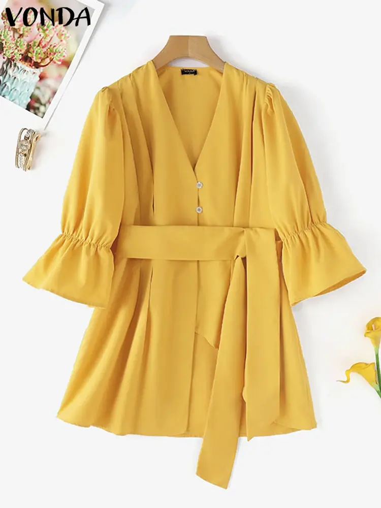 VONDA 2025 Summer Fashion Women Shirts Casual Solid Blouse Elegant V-Neck Office Tops Belted Flare Sleeve Pleated Ruffles Blusas