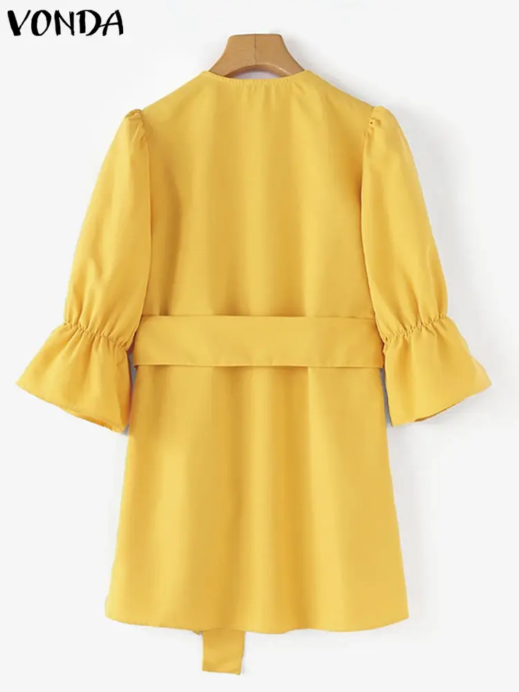 VONDA 2025 Summer Fashion Women Shirts Casual Solid Blouse Elegant V-Neck Office Tops Belted Flare Sleeve Pleated Ruffles Blusas