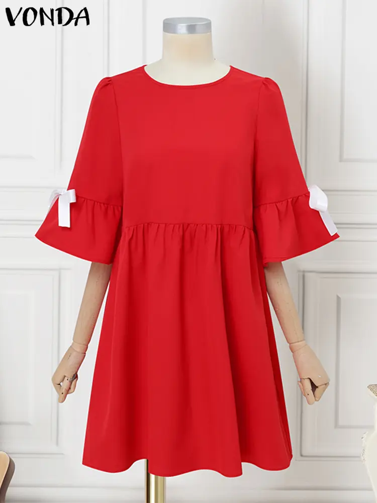 VONDA Summer Sundress 2025 Fashion Women Short Sleeve Bow Ruffled Mini Dress Casual Solid Color Vestidos Loose Beach Robe Femme