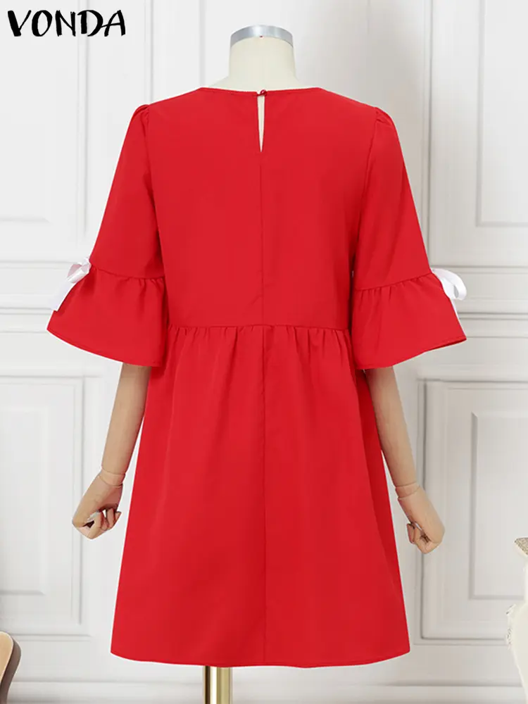 VONDA Summer Sundress 2025 Fashion Women Short Sleeve Bow Ruffled Mini Dress Casual Solid Color Vestidos Loose Beach Robe Femme