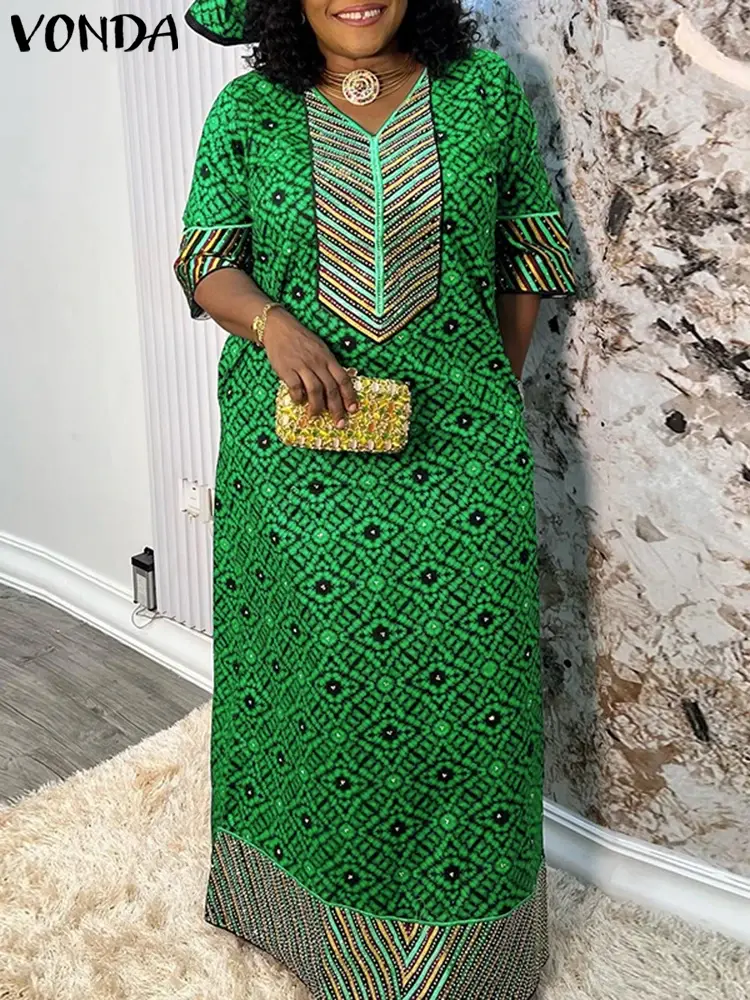 VONDA 2025 Summer Women Long Maxi Dress Bohemian Printed Sundress Casual Vestidos Vintage V-Neck Half Sleeve Robe Oversize Femme