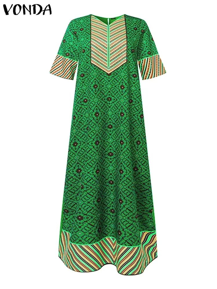 VONDA 2025 Summer Women Long Maxi Dress Bohemian Printed Sundress Casual Vestidos Vintage V-Neck Half Sleeve Robe Oversize Femme