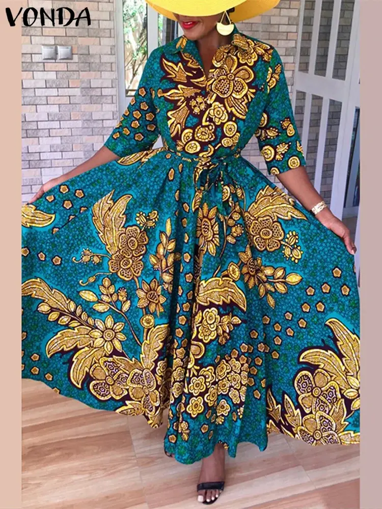 VONDA 2025 Summer Floral Printed Maxi Dress Women Bohemian Lapel Buttons Long Shirt Vestidos 3/4 Sleeve Casual Oversized Robe