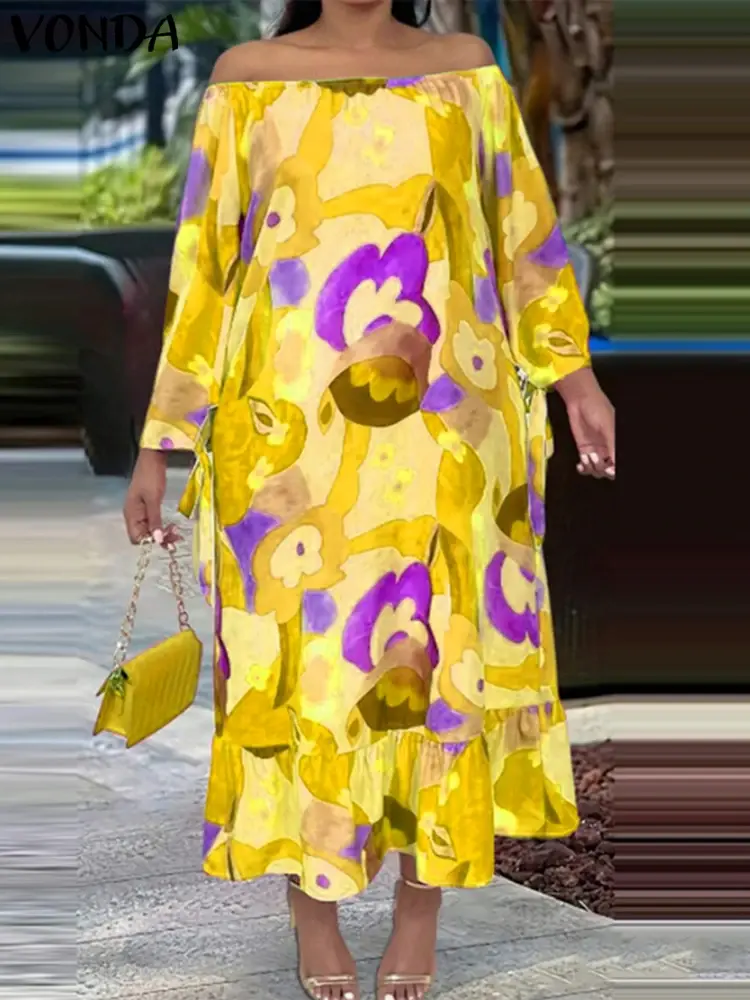 VONDA Summer Elegant Sexy Off Shoulder Dress 2025 Women Dress Bohemian Printed Sundress Beach Maxi Loose Robe Casual Vestidos