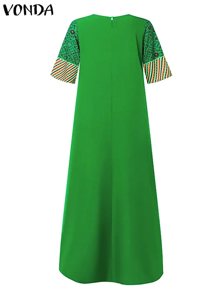 VONDA 2025 Summer Women Long Maxi Dress Bohemian Printed Sundress Casual Vestidos Vintage V-Neck Half Sleeve Robe Oversize Femme