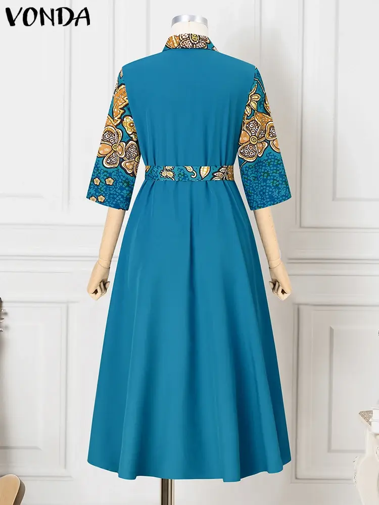 VONDA 2025 Summer Floral Printed Maxi Dress Women Bohemian Lapel Buttons Long Shirt Vestidos 3/4 Sleeve Casual Oversized Robe