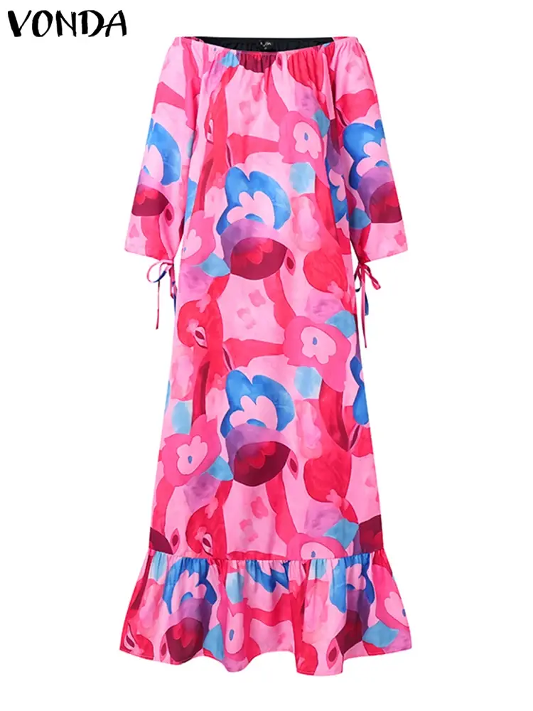 VONDA Summer Elegant Sexy Off Shoulder Dress 2025 Women Dress Bohemian Printed Sundress Beach Maxi Loose Robe Casual Vestidos
