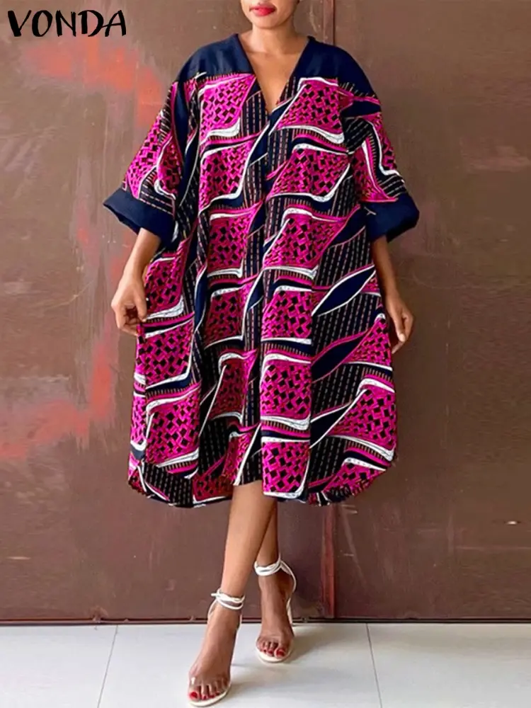 Plus Size 5XL VONDA Summer Dress 2025 Women Bohemian Beach Sundress Printed Midi Vestidos 3/4 Sleeve Casual Loose V Neck Robe