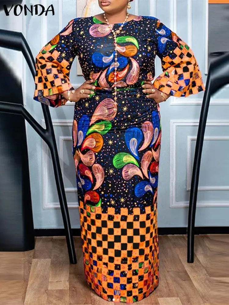 VONDA Women Maxi Dress 2025 Summer Bohemian Long Flare Sleeve Printed Sundress Casual Loose Party Vestido Oversized Robe Femme